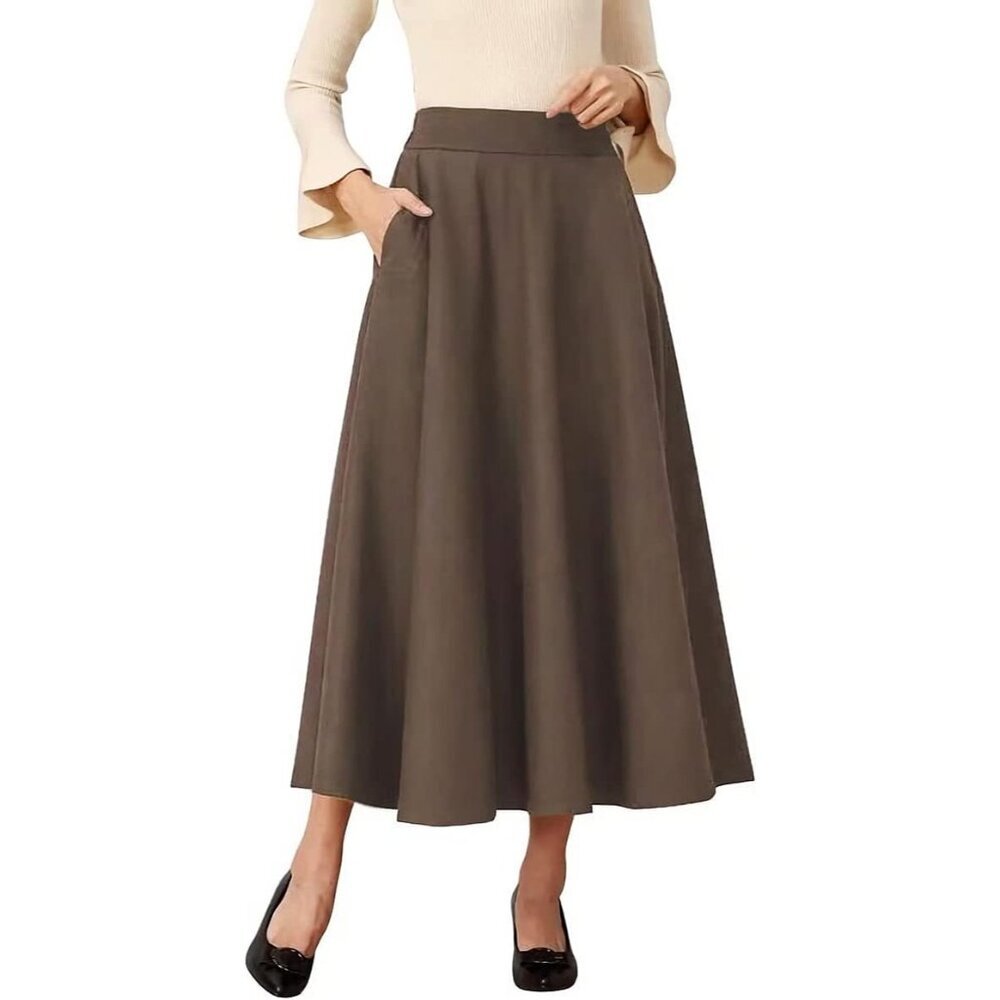 Womens Long Pure Khaki Elastic Waist A-Line Pleated Tartan Long Plaid Wool Skirt